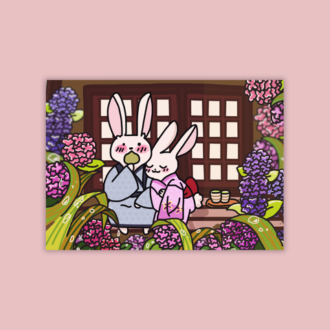 Bunny Couple in Hydrangeas Garden Print